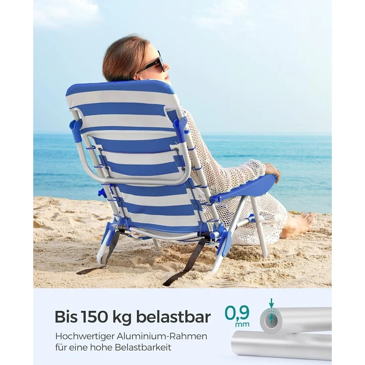 SONGMICS Strandstuhl, faltbar mit Schultergurt, verstellbarer Rückenlehne & Kopfstütze, Blau / Weiß – Bild 6