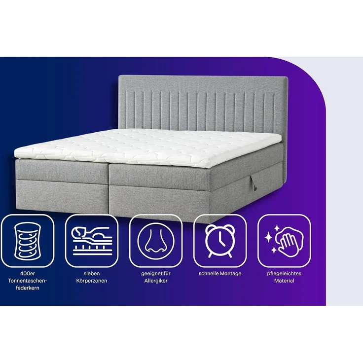 Traumnacht Boxbett Nizza mit praktischem Stauraum, mit 7-Zonen Tonnentaschenfederkernmatratze (H3) und Komfortschaumtopper, Leichter Aufbau, 180x200, grau – Bild 4