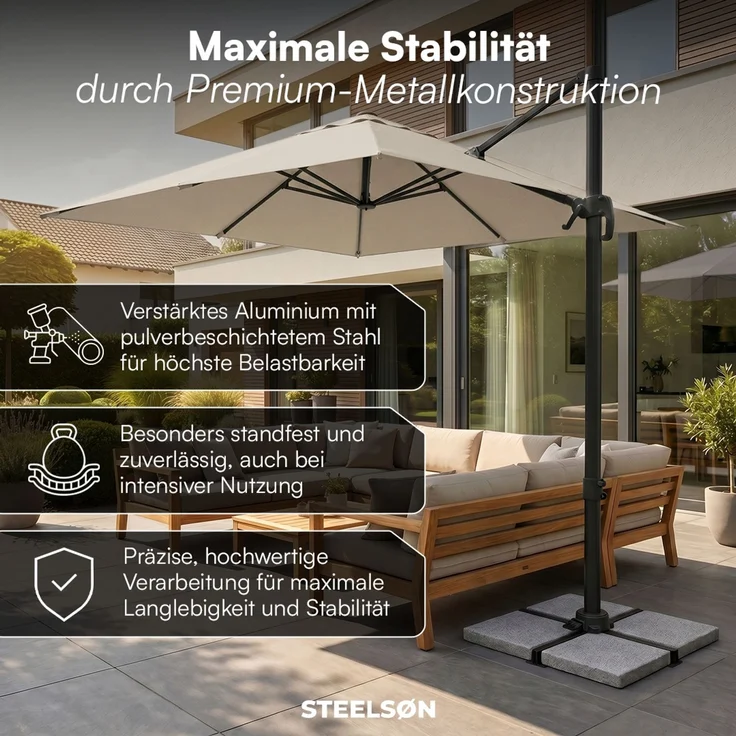 STEELSØN 'Elaris' Premium Sonnenschirm 300x300 cm quadratisch, neigbar und 360-Grad drehbar, taupe, Ampelschirm inkl. Hülle, extrem robuste Metall-Stange, 220 g/m² Polyester, UV50+ – Bild 6