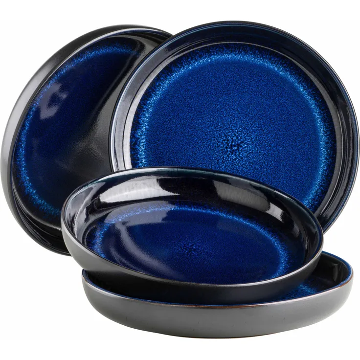 Modernes Suppenteller Set für 4 Personen in aufregendem Vintage Look, große tiefe Teller für Pasta und Suppen aus Keramik in Blau und Schwarz