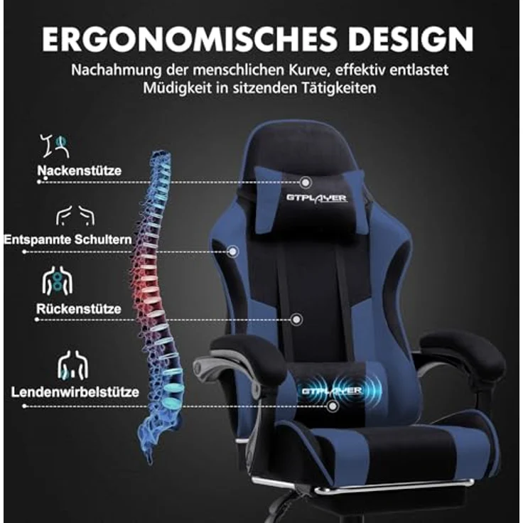 GTPLAYER Gaming Stuhl, Bürostuhl, Ergonomischer Pc Stuhl, Gaming Sessel mit Massagelendenwirbelstütze, Task Stühle mit Fußstütze und Kopfstütze, Blau Stoff – Bild 8