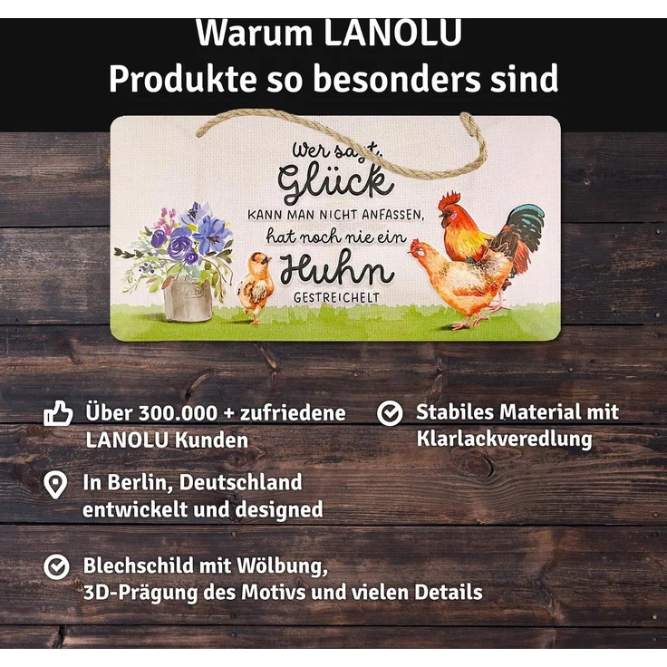 LANOLU Blechschild Glück Hühner streicheln - 16x32cm – Metall – Mehrfarbig – 16122 – Bild 4