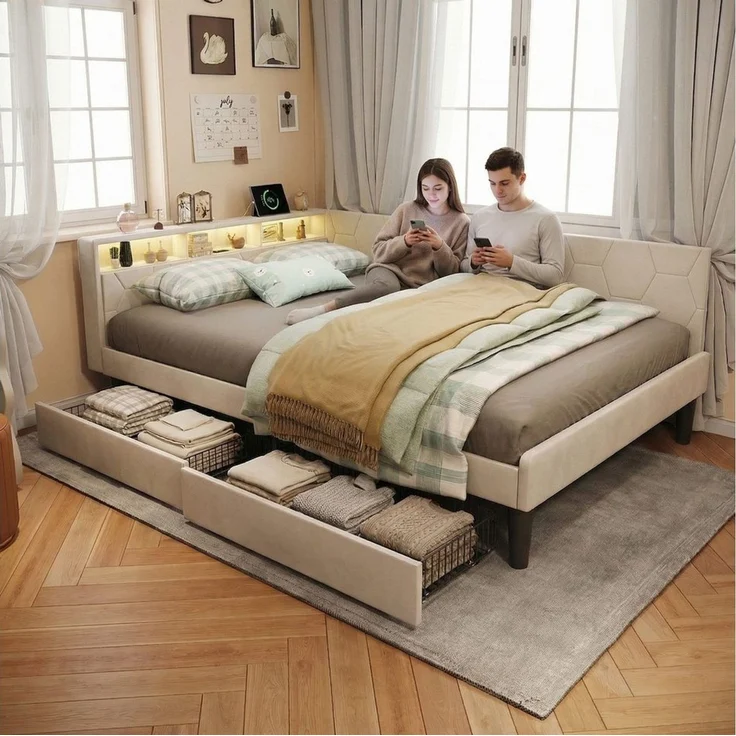 PXloue Polsterbett Daybett Tagesbett Ausziehbett (LED) (Samtstoff) (1-tlg, LED-Beleuchtung, Ladestation, in 2 Größen verfügbar), 2 Schubladen, Kopfteil Verwandelt sich in ein Bett, 140x200 cm – Bild 3