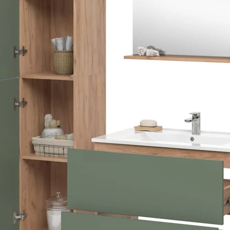 Vichy Badmöbel-Set Izan, 5-teiliges Badmöbelset in Goldkraft Eiche/Grün mit Hoch- und Midischrank – Bild 5