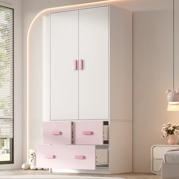 MODFU Kleiderschrank Rosafarbener Kinderschrank 80x48x180 cm mit weißen Akzenten (Packung, 1-St, Inkl. Kleiderstange & 3 Schubladen, pflegeleicht) Ideal als Schlafzimmerschrank für Mädchen & Jugendliche – Bild 2
