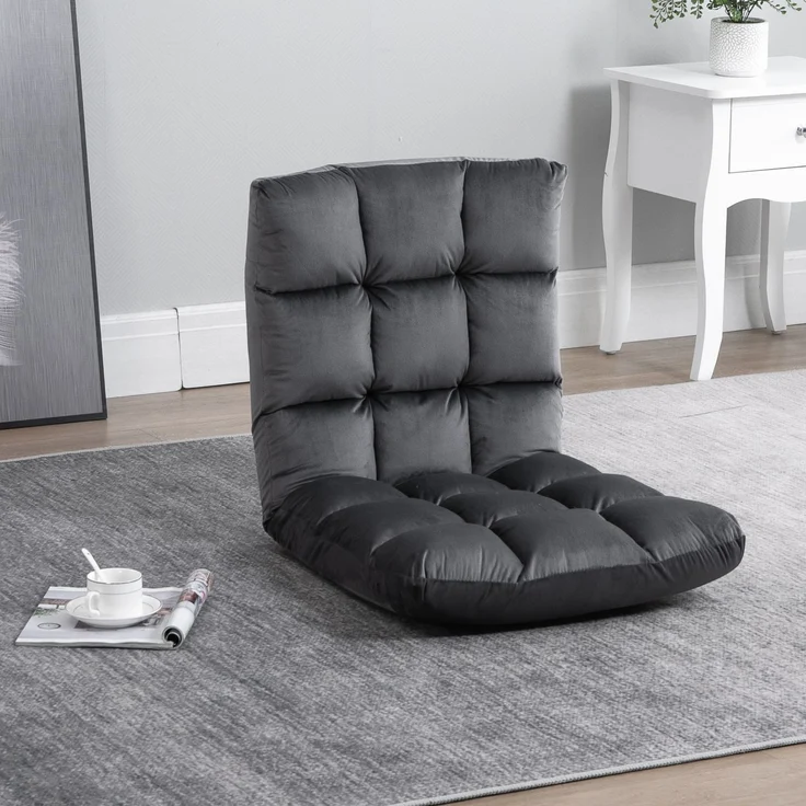MELAYR, Sessel Gästematratze Bodensessel, verstellbare Rückenlehne, Velouroptik, 55 cm x 71 cm x 53.5 cm, Dunkelgrau – Bild 4