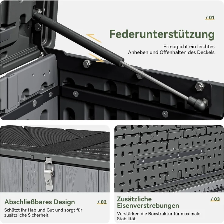 Aoxun Gartenbox aus Harz 600L,Auflagenbox Wasserdicht Außenmaße:142 x 67 x 63 cm,Wetterfest,Abschließbar,Grau – Bild 7