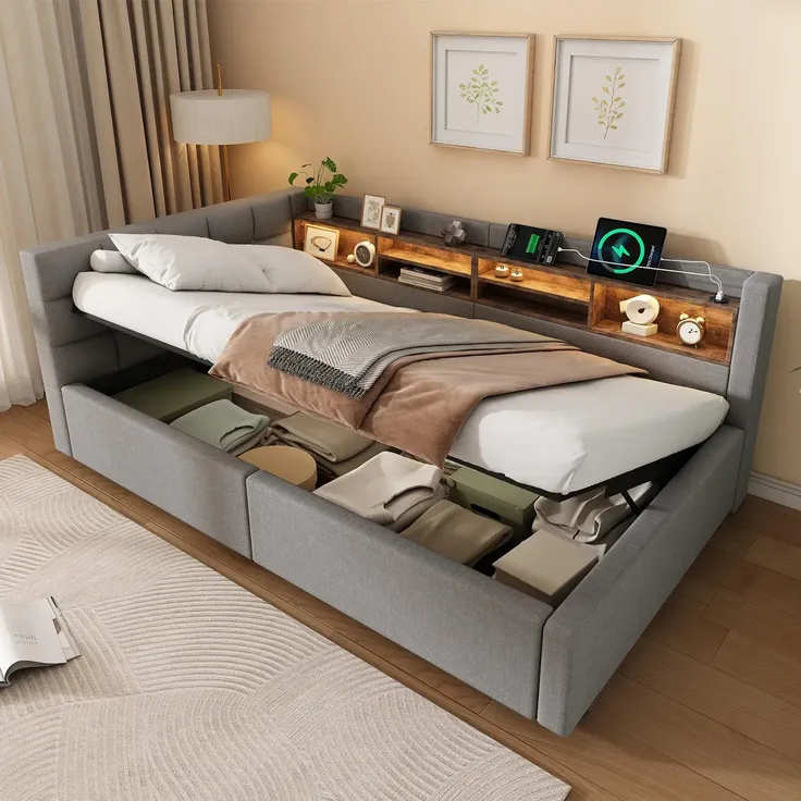 Polsterbett mit LED-Streifen, Lattenrost, Regal, Aufbewahrung, Type-C und USB, gepolsterter Kopfteil, 90x200 cm, Schlafsofa, Tagesbett, Leinen