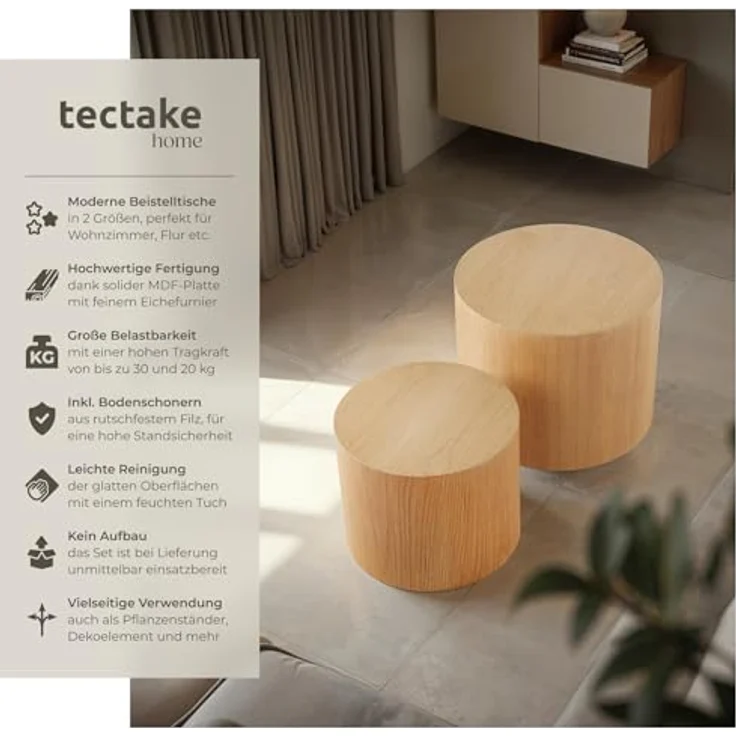 tectake Couchtische Danny, 2er Set aus Eichenfurnier, rund, Ø 48 & 38 cm, stabil und pflegeleicht, komplett montiert – Bild 4