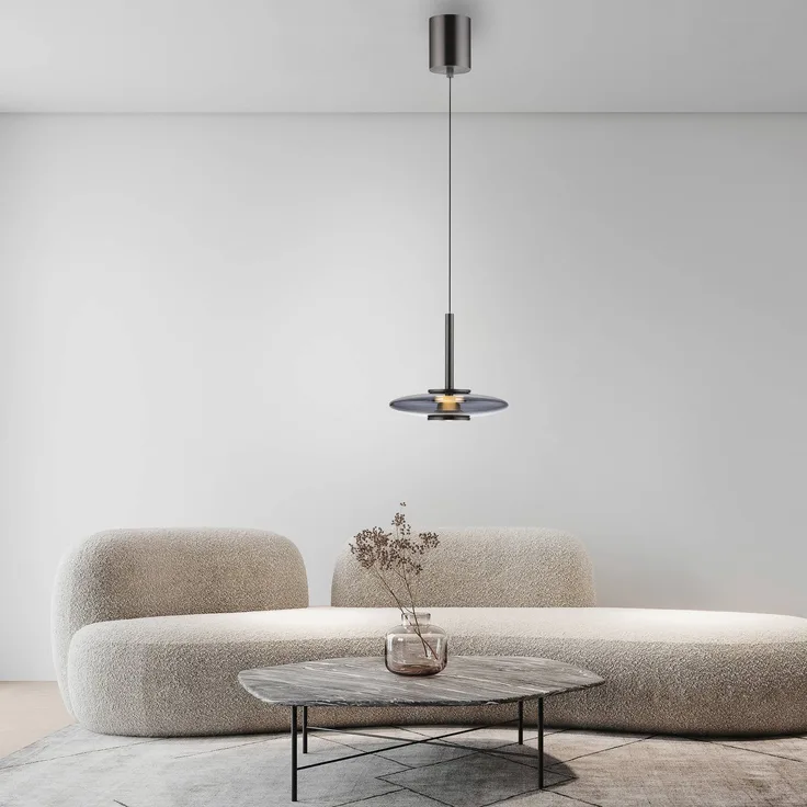 PURE LED-Hängeleuchte Vitrum, grau, modern mit linsenförmigem Glasschirm, höhenverstellbar, Ø 22 cm