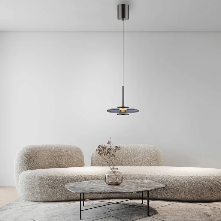 PURE LED-Hängeleuchte Vitrum, grau, modern mit linsenförmigem Glasschirm, höhenverstellbar, Ø 22 cm