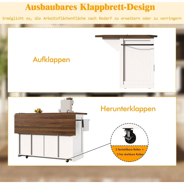 Kücheninselwagen mit ausziehbarer Arbeitsplatte & Stromanschluss, 91cm Arbeitshöhe, Weiß/Schwarz, belastbar bis 75kg – Bild 8