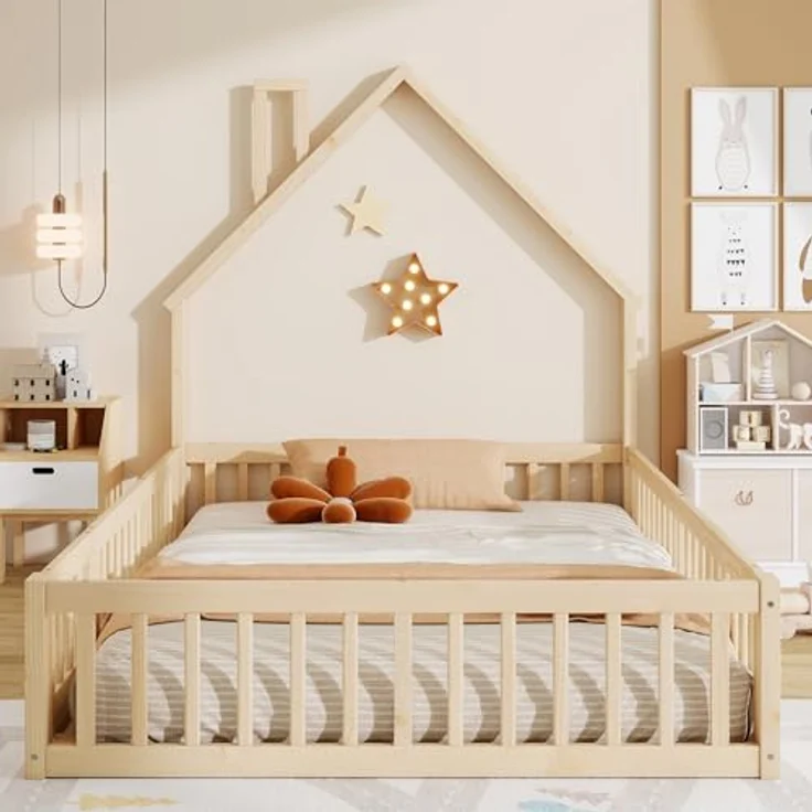 Ball & Cast Bodenbett (140x200 cm), Jugendbett und Hausbett mit Schornsteinform, Kinderbett 90x200 mit rausfallschutz, ohne Matratze, Natürlich – Bild 4