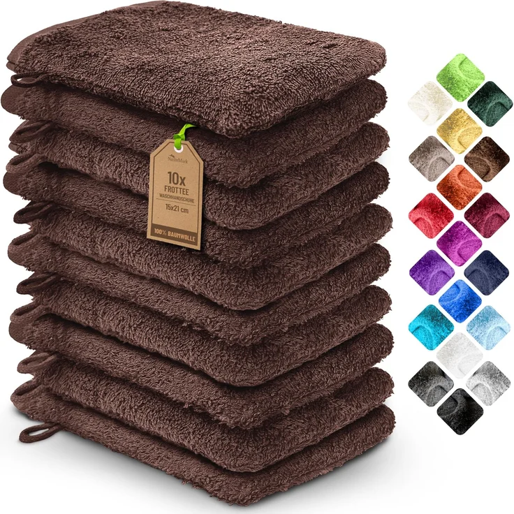 NatureMark 10x Waschhandschuhe aus Frottee 100% Baumwolle – Weich und Robust, Ideal für die tägliche Pflege und Gäste – Schoko Braun, 15x21 cm