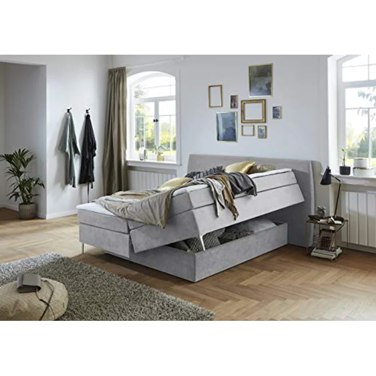 Atlantic Home Collection Boxspringbett LYNN, 180x200 cm, inkl. Bettkasten beidseitig und Topper (Härtegrad H2), hellgrau, ovales Kopfteil – Bild 4