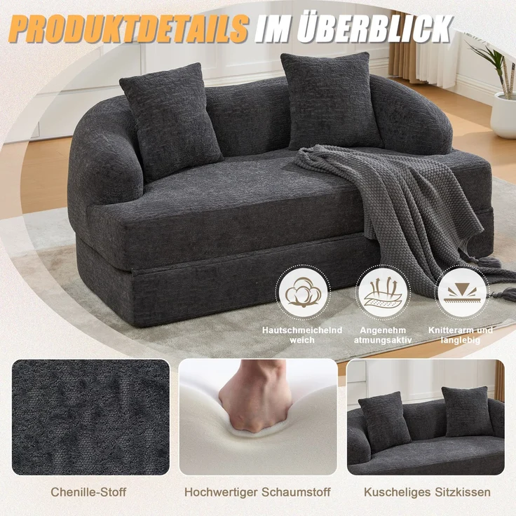 ZUBALIYA Schlafsofa 84x65 cm, mit LED - Beleuchtung, mit Chenille - Bezug, modular aufgebaut, mit Schaumstoffpolsterung, Dunkelgrau – Bild 2