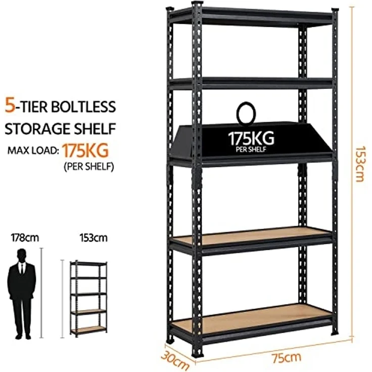 Yaheetech 5-stufiges Lagerregal mit verstellbaren Regalböden, Schwerlastregal Kellerregal Standregal Steckregal je Fach 175kg belastbar, 75 x 30 x 153 cm/schwarz – Bild 3