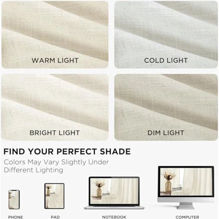 Joydeco Leinen-Vorhänge für Wohnzimmer, Lichtfilterung, Stangentasche, Rückenlasche, halbtransparente Vorhänge, Fenster, Lange Vorhänge, 228,6 cm lang, elfenbeinfarben – Bild 6