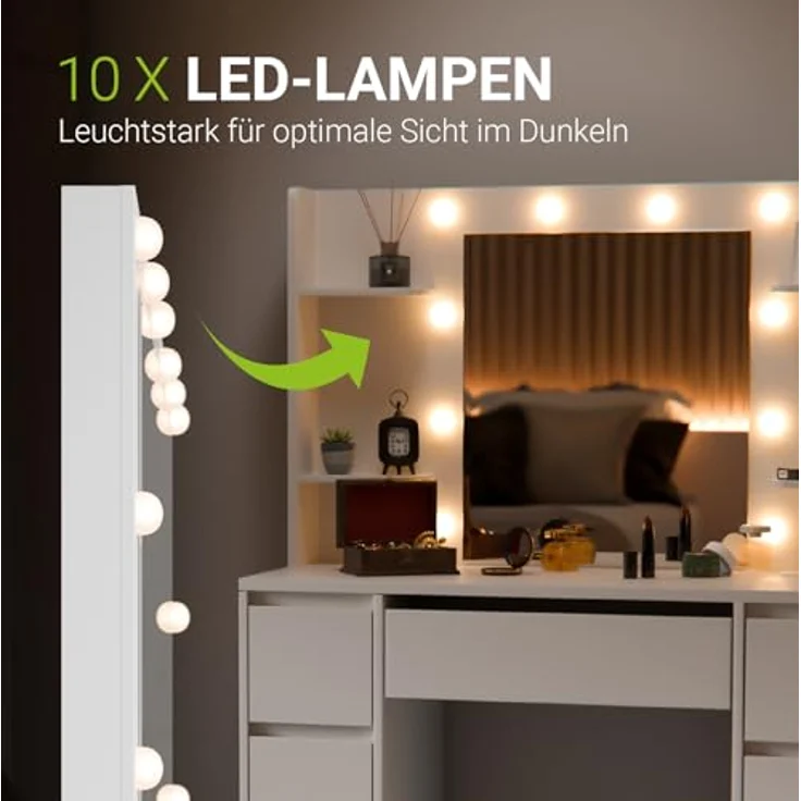 Juskys Schminktisch Malia mit LED-Beleuchtung & Spiegel, 7 Schubladen, stufenlos dimmbar, 3 Farbtemperaturen, Stauraum, elegantes Design – Weiß – Bild 4