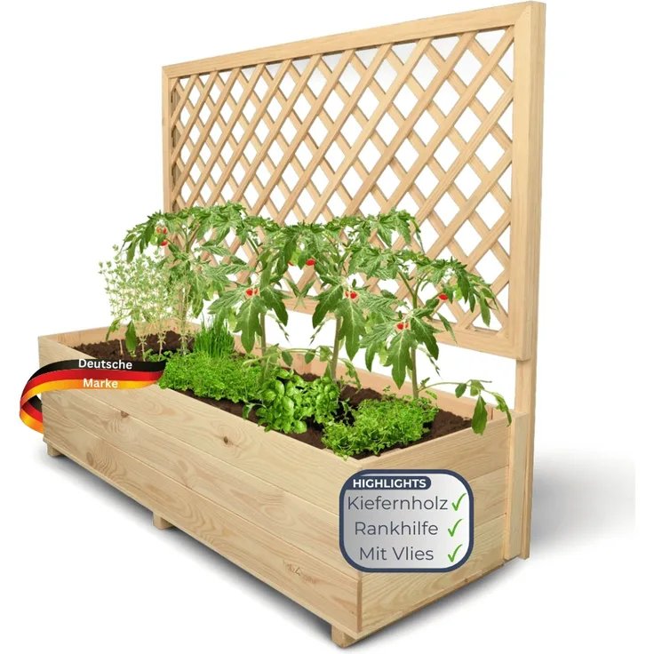 Pflanzkasten mit Rankgitter THIO - Inkl. Vlies & Handschuhe | Hochbeet mit Rankhilfe Blumenkasten für Kletterpflanzen hängende Körbe Pflanzgefäß aus Holz, 128cm Breit