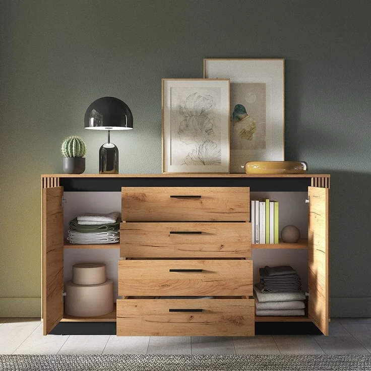 Lomadox Wohnzimmer-Set URBANIA-131, (Mega-Spar-Set, 3-St, Kommode Vitrinenschrank Wandregal), Wohnzimmer Set Vitrine Sideboard Wandboard in Eiche mit schwarz – Bild 2