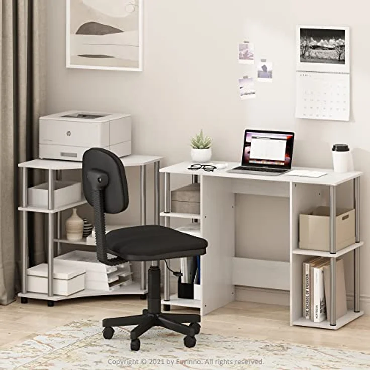Furinno JAYA Kompakter Computer-Studientisch, Weiße Eiche, Edelstahlrohre – Bild 3