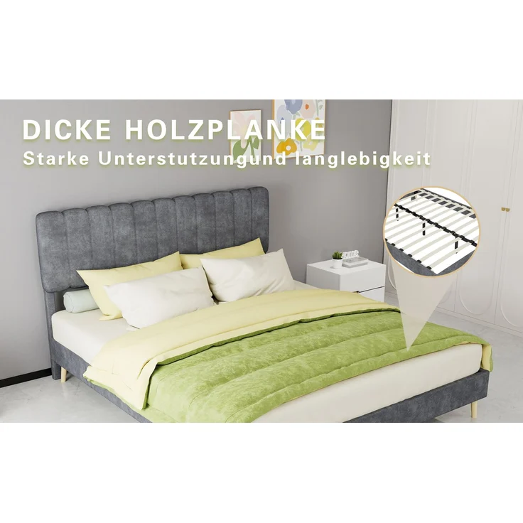 Novelux Modernes Polsterbett 160x200 cm mit weichem Kopfteil – Samtstoff Grau, Massivholz Bettrahmen, Minimalistisches Design ohne Matratze – Bild 7