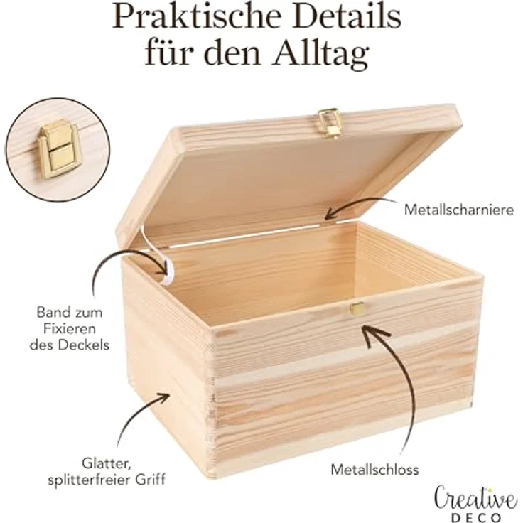Creative Deco Holzkiste Natur mit Deckel und Schloss, Erinnerungsbox Baby Groß Holzbox mit Deckel Unlackiert Kasten – Bild 6