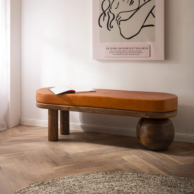 Sitzbank Ziegenleder Mango Massivholz 140x47x40cm Modern Braun Flur Polsterbank – Bild 2