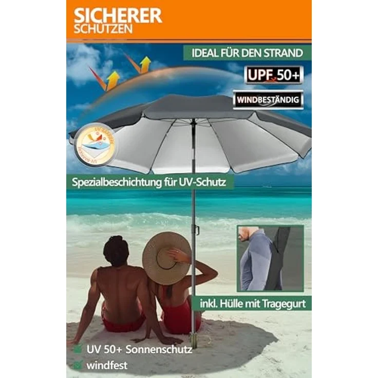 4smile SunnyJoy 3-IN-1 Set mit Sonnenschirm Strand in Anthrazit - Strandschirm windfest stabil 200 cm mit Hülle + Rasendorn Sonnenschirmhalter - Sonnenschirm mit Rasendorn für Garten, Schirmspieß – Bild 3
