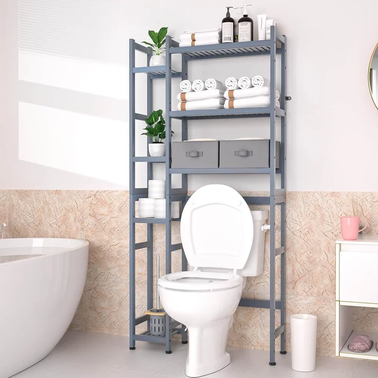 Yorbay Badregal Toilettenregal aus Bambus, Weiß WC Regal Badregal 79x23,3x166 cm, mit 2 Körben, mi 7 Ablagen, Multifunktional, Badezimmerregal, Verstellbar Badregal – Bild 2