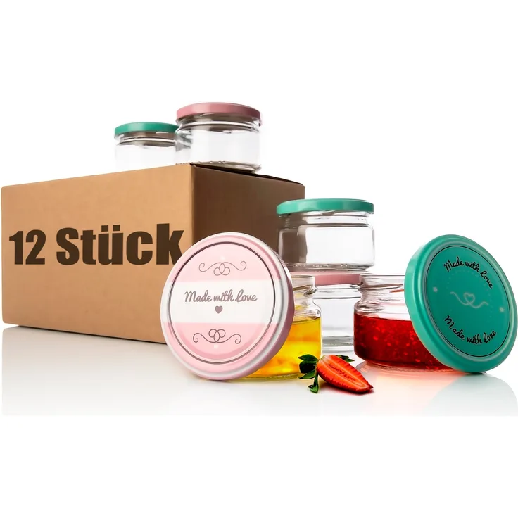 BigDean 12er Set Einmachgläser mit Deckel in rosa und Pastell-grün in Made with Love Stil - 250ml Sturzgläser Marmeladenglas