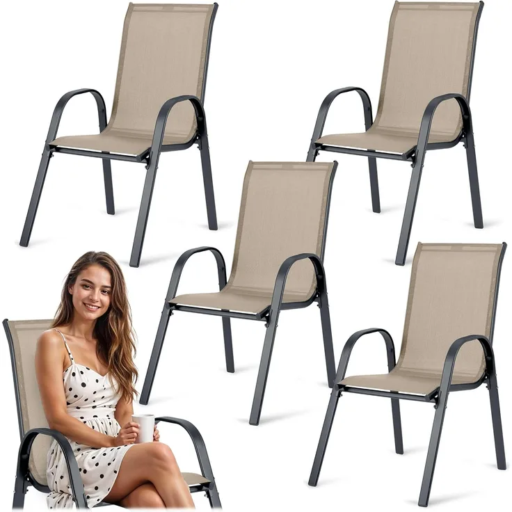 Sofotel Gartenstühle Gartensessel Set 4 Stück Textil Metall Stabil Bequem Garten Balkon Belastbar bis 120 kg Beige