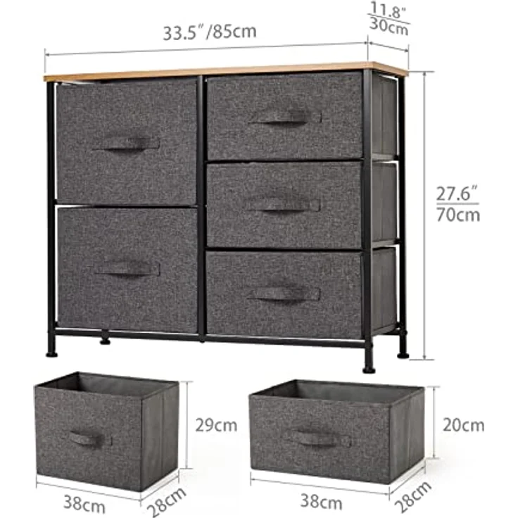 Mondeer Kommode, Kommode Schmal, Schrank mit 5 Groß Schubladen, Stoff Schubladenschrank, Kleideraufbewahrung, Aufbewahrung Schrank, 85x30x70cm, Stabiler Metallrahmen, Grau – Bild 3