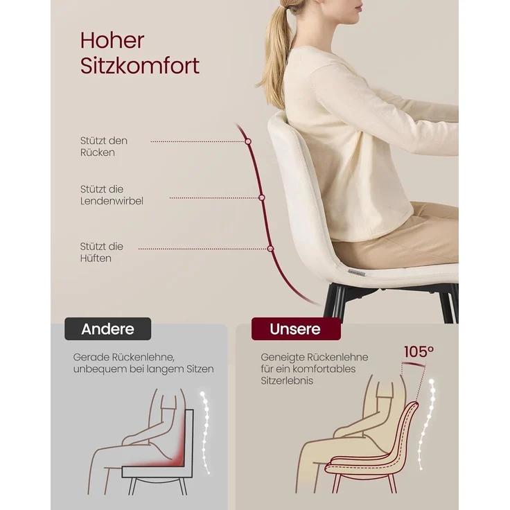 VASAGLE Küchenstühle gepolstert, Esszimmerstühle Samt, moderner Sessel mit verstellbaren Füßen, für Wohnzimmer, 4er Set, beige – Bild 5