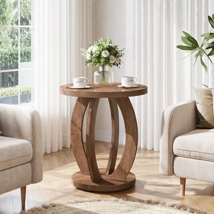 LITTLE TREE Beistelltisch Rund Holz, Couchtisch Vintage Pastoralstil, 50 cm Runder Beistelltisch mit Stauraum, Nachttisch Kleiner Tisch Sofatisch für Wohnzimmer Schlafzimmer Balkon, Braun – Bild 9