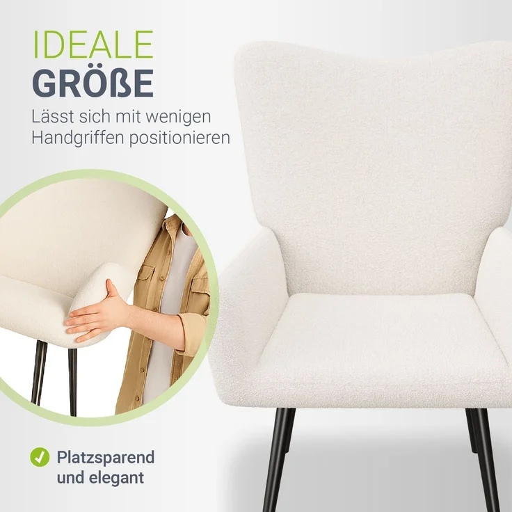 Juskys Ohrensessel Odense ohne Hocker, TV- & Lesesessel in Bouclé, hohe Lehne, Metallbeine, komfortabler Stoffbezug, pflegeleicht – Beige – Bild 3