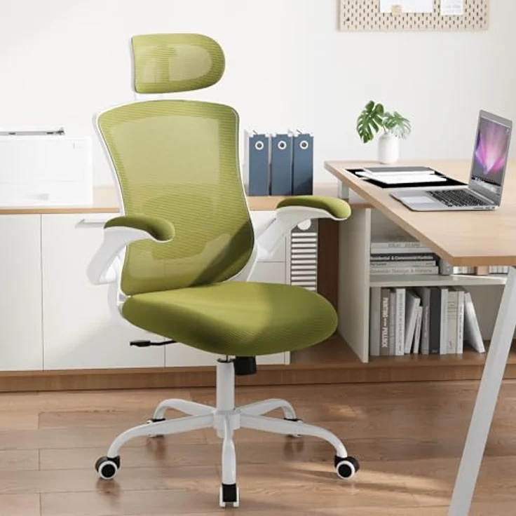 COLAMY Bürostuhl Mesh Computerstuhl, Bürostuhl Ergonomisch, Arbeitsstuhl mit Verstellbarer Kopfstütze und Lendenwirbelstütze, Schreibtisch Stuhl mit hochklappbarer Armlehne, 140° Wippfunktion, Grün – Bild 1