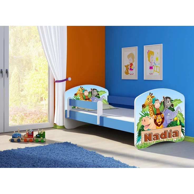 ACMA Kinderbett Jugendbett mit Einer Schublade und Matratze Blau mit Rausfallschutz Lattenrost II 140x70 160x80 180x80 (02 Animals Name, 160x80) – Bild 2