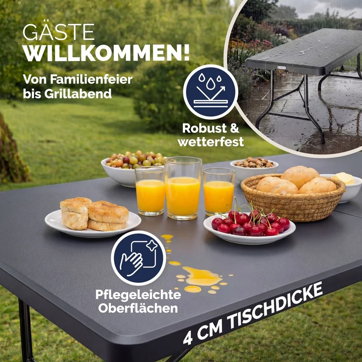CASARIA® Buffettisch Gartentisch 180x75cm Klappbar Wetterfest Tragbar Kunststoff Garten Terrasse Camping Klapptisch – Bild 6