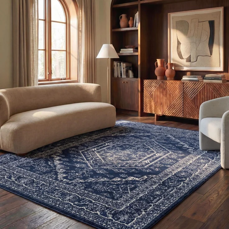 Safavieh Adirondack Collection Transitional 8' x 10' Marineblau/Elfenbein | 1 cm Flor, Teppich für den Innenbereich, langlebig, kinder- und haustierfreundlich, Polypropylen-Fasern, Öko-Tex-zertifiziert