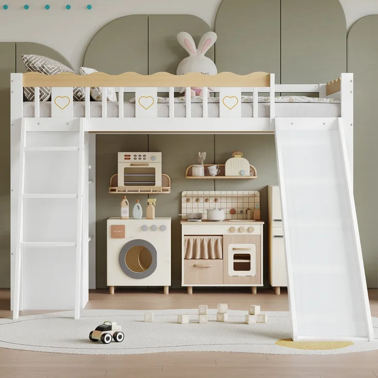 Etagenbett, Kinderbett, mit Kinderrutsche, Kleiderschrank und Ablageschrank unter dem Bett, Vierseitiger Zaun mit exquisiten Mustern, Kiefer + MDF + Sperrholz, Weiß+Natur, 90 x 200 cm