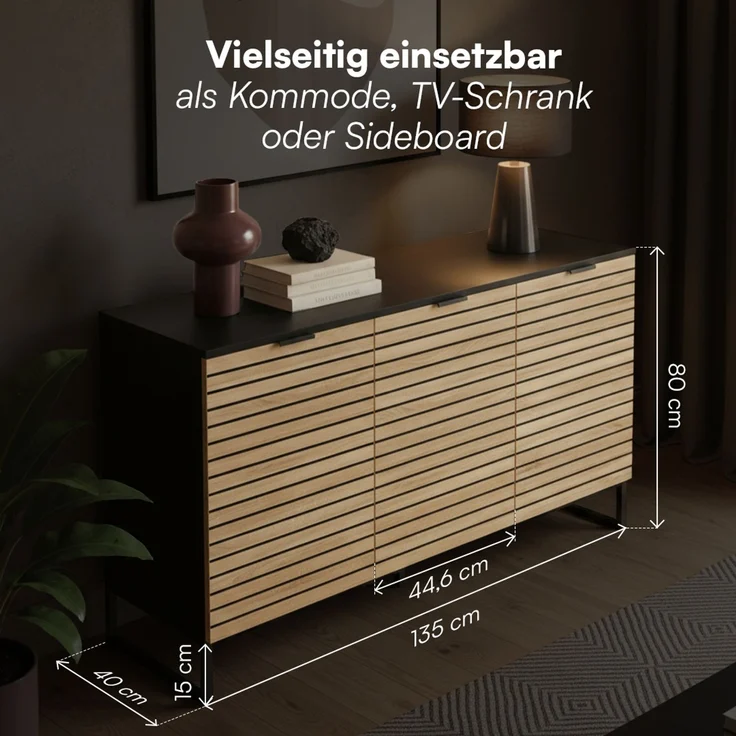 Bellamio 'Luvua' Kommode, schwarz/Eichenoptik, mit Metallfüßen, 80x40x135 cm, Sideboard mit 3 Türen und 6 Fächern – Bild 6