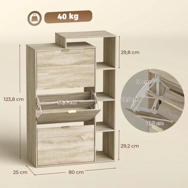 HOMCOM Schuhschrank, MDF, Naturholz, 80 x 25 x 123,8 cm – Bild 3