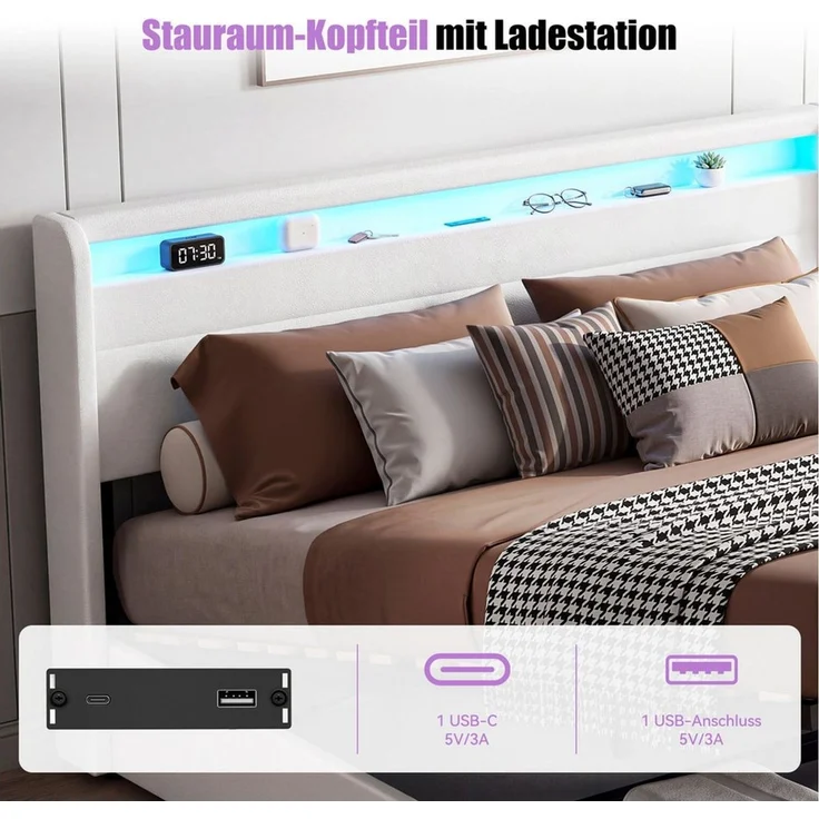 oyajia Polsterbett Bettrahmen mit LED-Beleuchtung und Ladestation, PU-Kunstleder (Type-C + USB, Hydraulisch hebbarer Stauraum), Jugendbett Bettgestll mit Bettkasten, Ohne Matratze – Bild 4