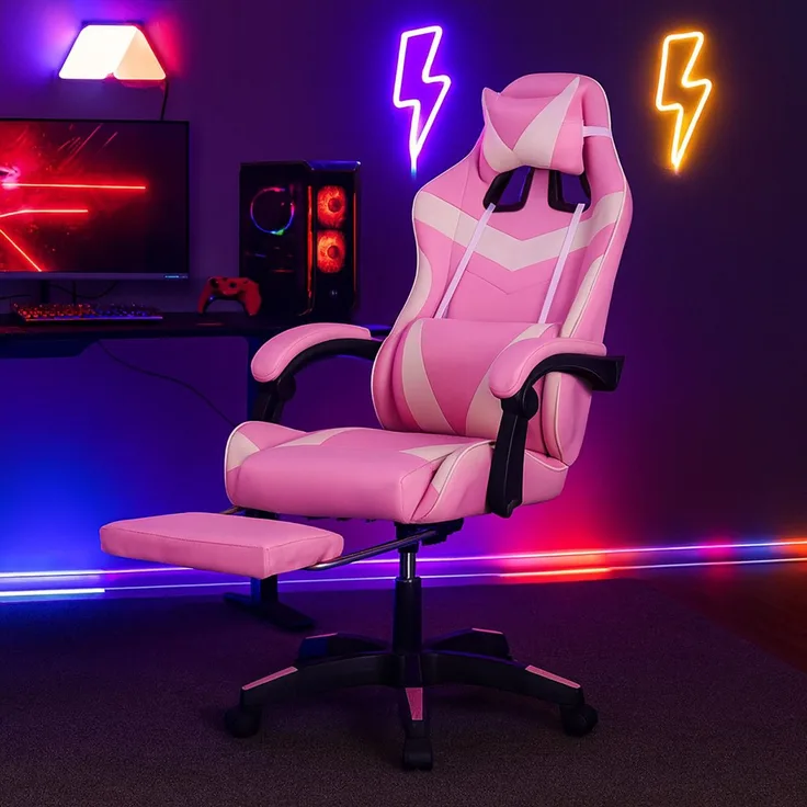 HTI-Living Racing-Design in Pink-weiß Ergonomischer Gaming Stuhl mit Fußstütze