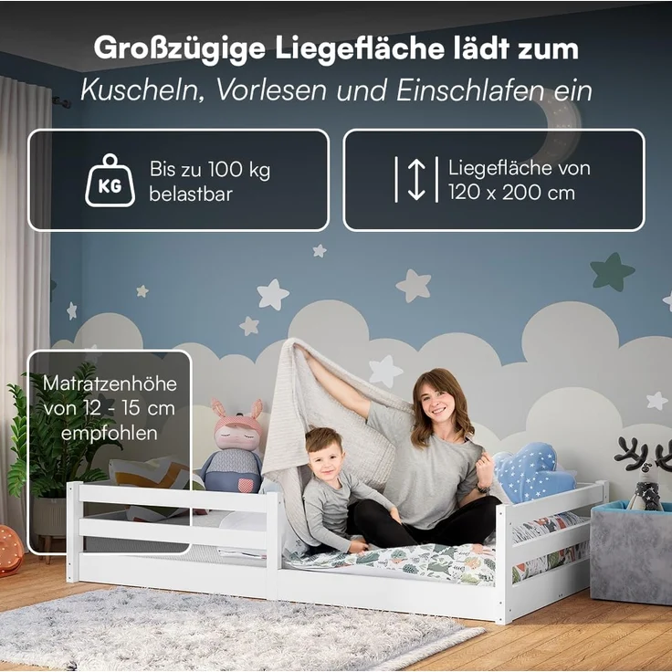Bellabino Iskri Bodenbett 120x200 cm – Montessori Kinderbett mit Matratze, Rausfallschutz & Lattenrost – Holzbett für Jungen & Mädchen aus Kiefer Massivholz in Weiß – Kleinkindbett – Bild 6