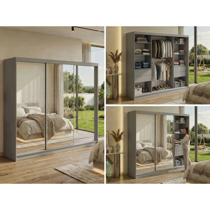 Schwebetürenschrank DUBROWNIK mit großer Spiegelfront, moderner Kleiderschrank, Breite 240 cm - Grau - inkl. Schubladen – Bild 2