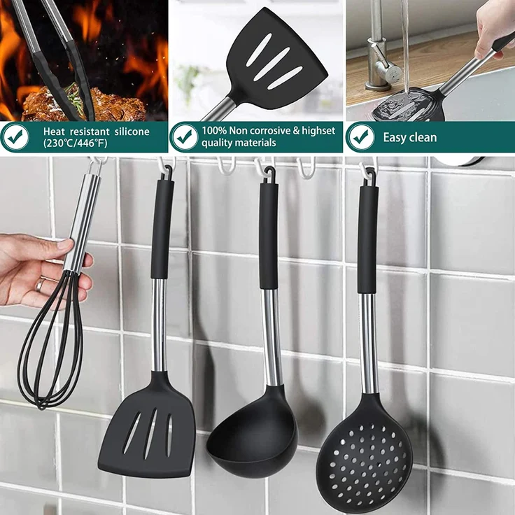 Silikon-Kochutensilien-Set, 15-teilig, antihaftbeschichtet, hitzebeständig, mit Edelstahlgriff schwarz – Bild 6