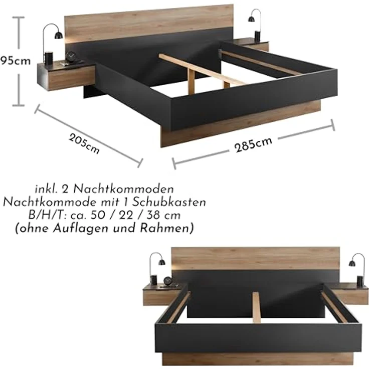Stella Trading ASKA Stilvolle Doppelbett Bettanlage mit Nachtkommoden 180x200 cm - Schlafzimmer Komplett-Set in Graphit, Mauvella Eiche Optik - 285 x 95 x 205 cm (B/H/T) – Bild 4